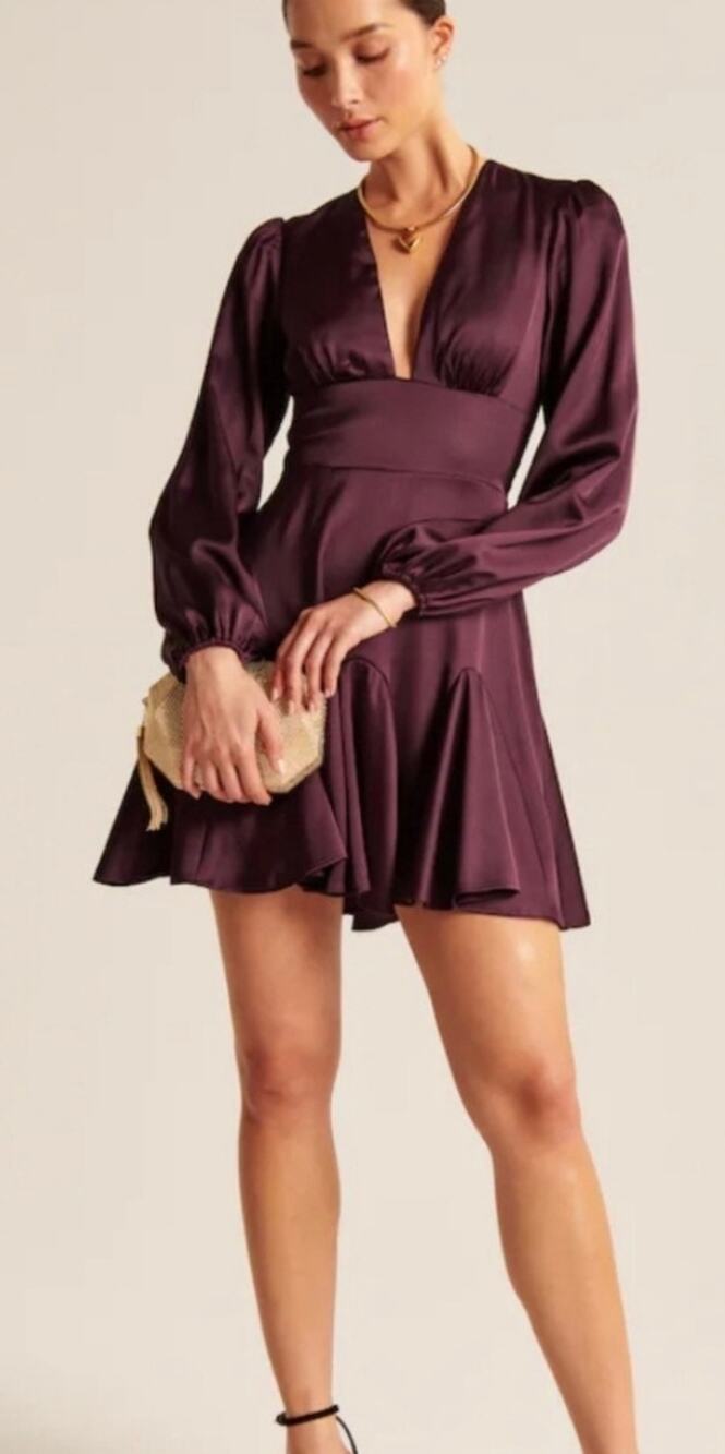 Abercrombie & Fitch Satin Dress Babydoll Deep V Long Sleeve Ruffle Purple Small